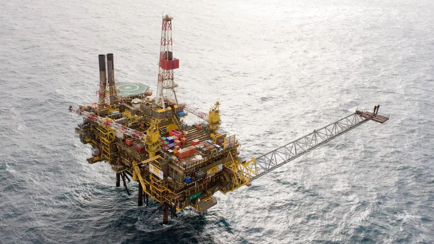 Aerial view of an oil rig platform in the ocean
